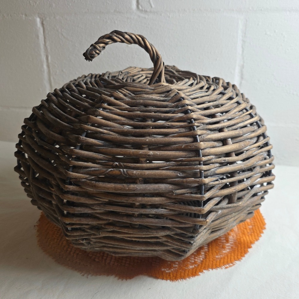Rustic Woven Wicker Pumpkin Decorative Basket Dark Brown Fall Harvest Decor